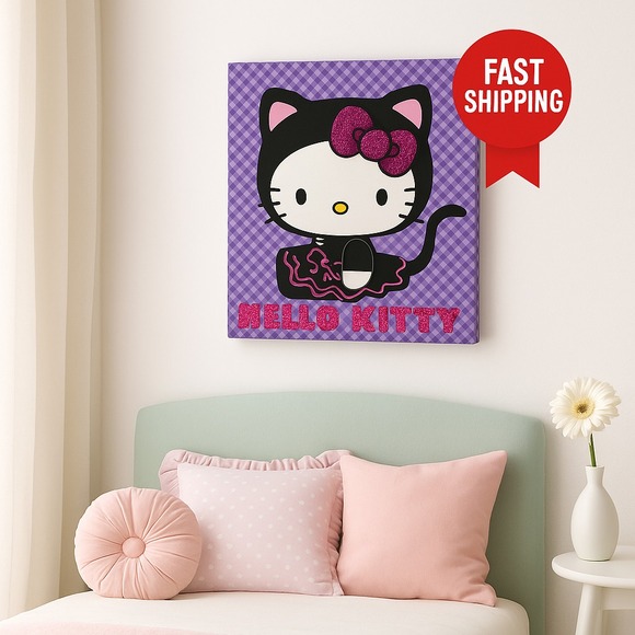Hello Kitty Other - Sanrio Hello Kitty 12x12 Wall Art – Purple Plaid Cat Costume w/ Glitter Bow